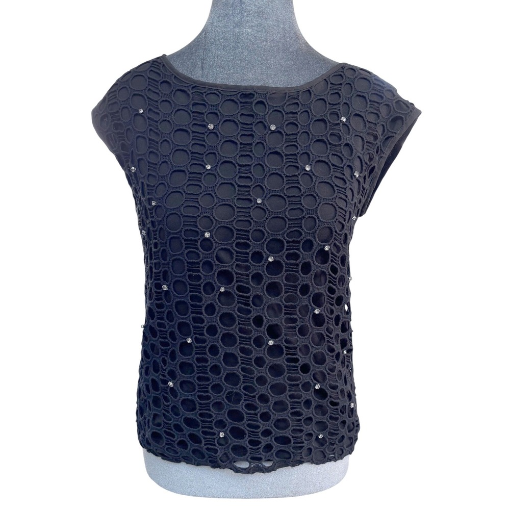Ann Taylor Glam Black Rhinestone Embellished Crochet Overlay Knit Top XSP